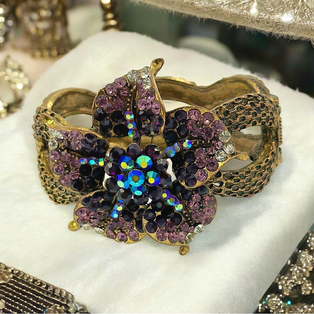 Bejeweled Floral Cuff Bracelet With Purple & Black Rhinestones
